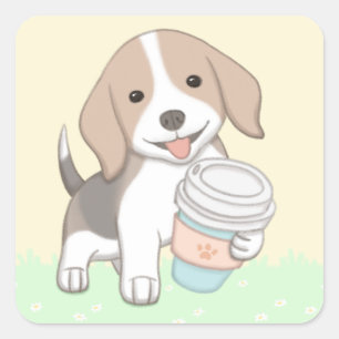 Pegatina Cuadrada Arte de Ilustracion Cute Dog & Cup