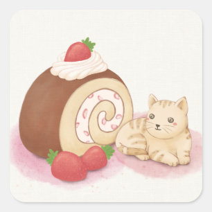 Pegatina Cuadrada Arte de Ilustracion de gatos y postres deliciosos