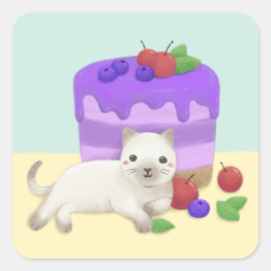 Pegatina Cuadrada Arte de Ilustracion de gatos y postres deliciosos