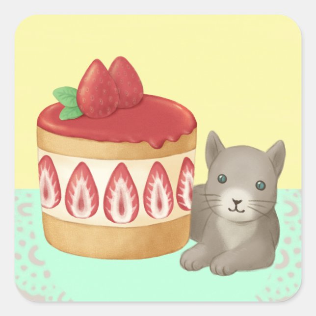 Pegatina Cuadrada Arte de Ilustracion de gatos y postres deliciosos (Anverso)