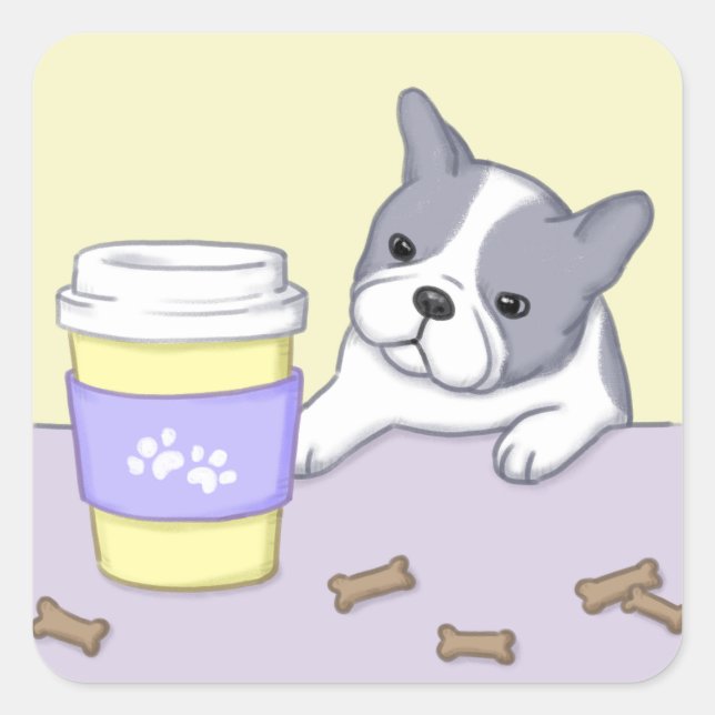 Pegatina Cuadrada Arte de Ilustracion de Perro, Copa y Biscuits (Anverso)