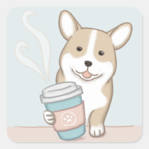 Pegatina Cuadrada Arte de Ilustracion de perro y café
