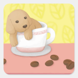 Pegatina Cuadrada Arte de Ilustracion de Perro y Café Cute