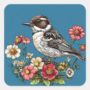 Pegatina Cuadrada 🌿 Arte de jardín de naturaleza de pájaro lindo 🐦