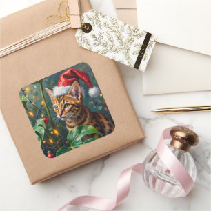 Pegatina Cuadrada Arte de juego navideño de gato bengalí exótico de