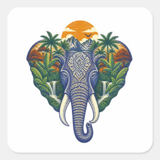 Pegatina Cuadrada Arte de jungla de elefante ornamentado – Sol de vi