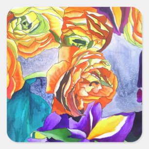 Pegatina Cuadrada Arte de la acuarela de Ranunculus e Iris