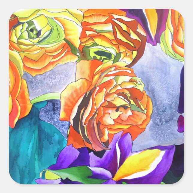 Pegatina Cuadrada Arte de la acuarela de Ranunculus e Iris (Anverso)