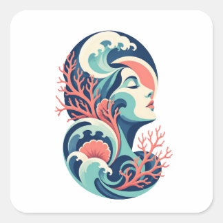 Pegatina Cuadrada Arte de la Diosa del Océano – Mujer abstracta con