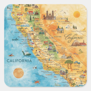Pegatina Cuadrada Arte de Mapa de Acuarela Ilustrado de California