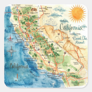 Pegatina Cuadrada Arte de mapa de viaje de California en acuarela vi