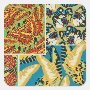 Pegatina Cuadrada Arte de Mariposa Art Déco Amarillo y Turquesa Vibr
