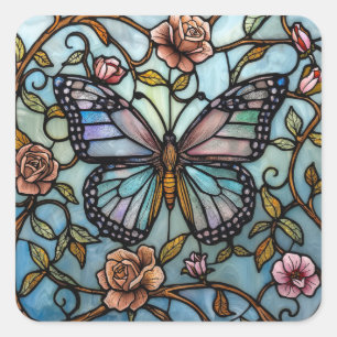 Pegatina Cuadrada arte de mariposa azul de vidrio tintado vintage