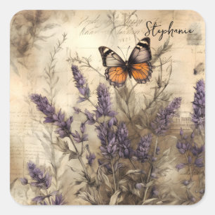 Pegatina Cuadrada Arte de mariposa de lavanda vintage personalizada