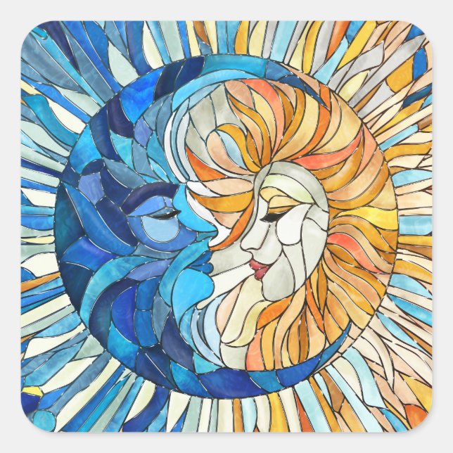 Pegatina Cuadrada Arte de mosaico de sol y luna (Anverso)