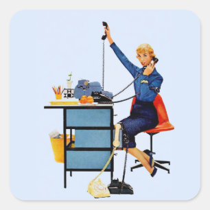 Pegatina Cuadrada Arte de mujer trabajadora retro de oficina vintage