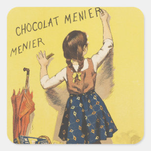 Pegatina Cuadrada Arte de niña francesa de Chocolat Menier de 1892