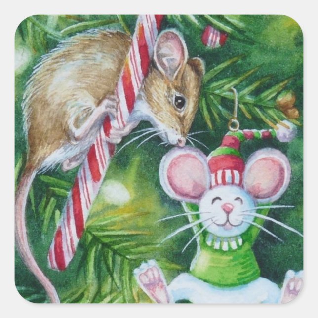 Pegatina Cuadrada Arte de ornamento de ratón y árbol de Navidad (Anverso)
