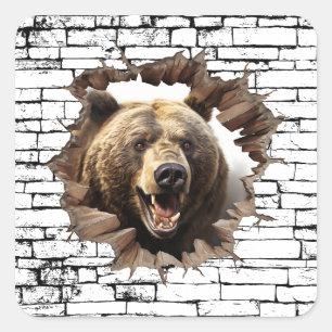 Pegatina Cuadrada Arte de Oso 3D Rompepared - Safari Realista