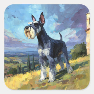 Pegatina Cuadrada Arte de paisaje campestre soleado de Schnauzer