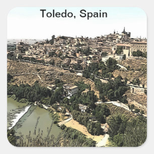 Pegatina Cuadrada Arte de paisaje ilustrado de Toledo, España