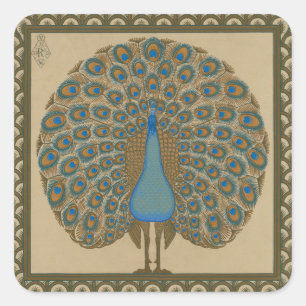 Pegatina Cuadrada Arte de pavo real azul dorado vintage de Walter Cr