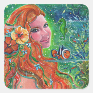 Pegatina Cuadrada arte de pez payaso sirena Maev por Renee Lavoie  