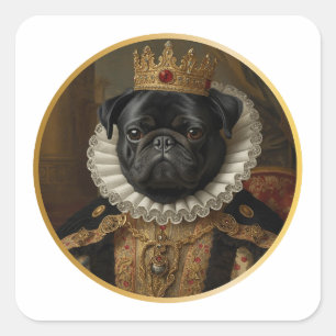 Pegatina Cuadrada Arte de Pug Negro Inspirado en Retratos de Reinas