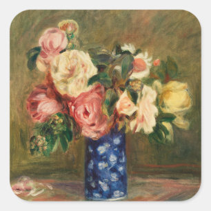 Pegatina Cuadrada Arte de ramo de rosas rosadas vintage Renoir en ja