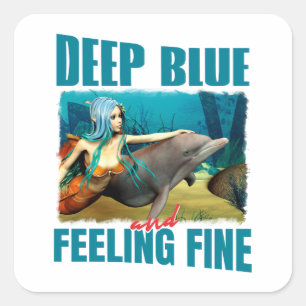 Pegatina Cuadrada Arte de sirena delfín azul profundo y sintiéndose 