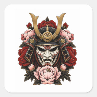 Pegatina Cuadrada Arte de Tatuaje de Rosa del Guerrero Samurái Japon