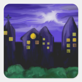 Pegatina Cuadrada Arte de tela de rascacielos de la ciudad nocturna