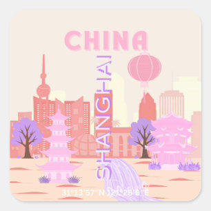 Pegatina Cuadrada Arte de viaje pastel de Shanghai China
