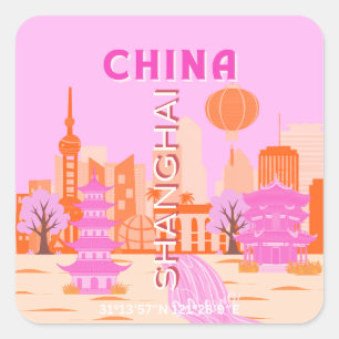 Pegatina Cuadrada Arte de Viaje Rosa Shanghai China