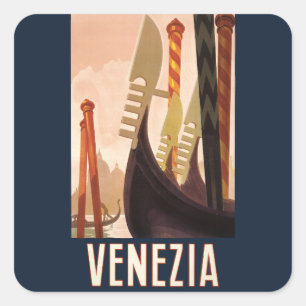 Pegatina Cuadrada Arte de viaje vintage Venezia Italia Venecia góndo