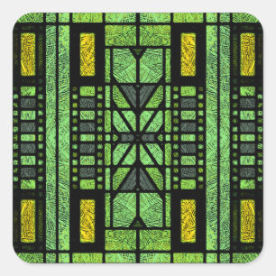 Pegatina Cuadrada Arte de Vidrio Emplomado Art Déco en Verde y Dorad
