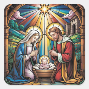 Pegatina Cuadrada Arte de vidrio emplomado de la Natividad – Navidad