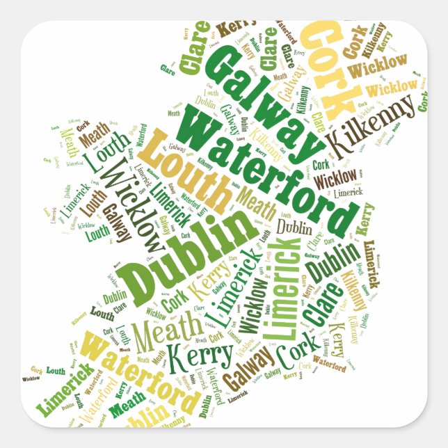 Pegatina Cuadrada Arte de Word de Ciudades de Irlanda (Anverso)