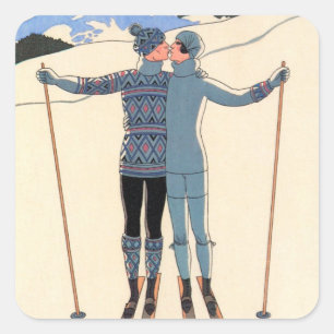 Pegatina Cuadrada Arte Deco Antiguo, Amantes en la Nieve de George B