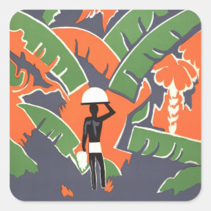 Pegatina Cuadrada Arte Deco de Viaje Vintage, Nativo en la Selva Afr