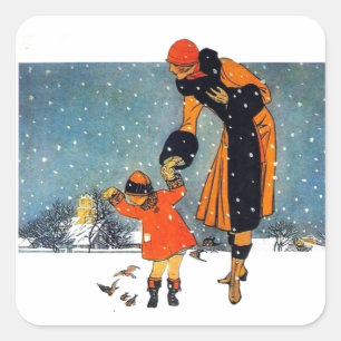Pegatina Cuadrada Arte Deco Vintage de Invierno Madre e Hijo en la N