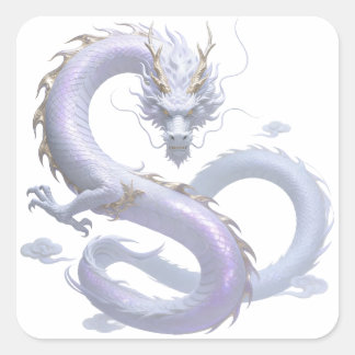Pegatina Cuadrada Arte del Dragón Blanco | Estética de Fantasía Míti