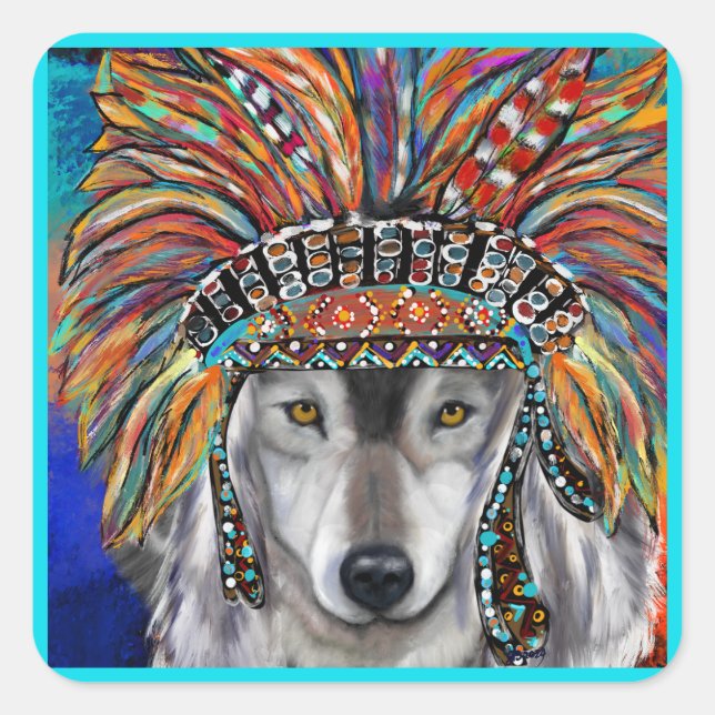Pegatina Cuadrada Arte del Lobo Gris (Anverso)