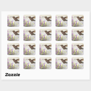 Pegatina Cuadrada Arte digital de Colibrí y Flores Silvestres Acento