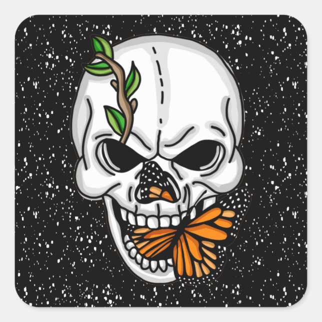 Pegatina Cuadrada Arte digital Skull and Butterfly (Anverso)