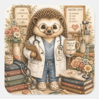 Pegatina Cuadrada Arte en Acuarela de Adorable Médico Erizo
