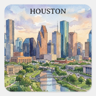 Pegatina Cuadrada Arte en acuarela retro de Houston Texas