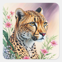 Pegatina Cuadrada Arte felino con pintura floral de Cheetah