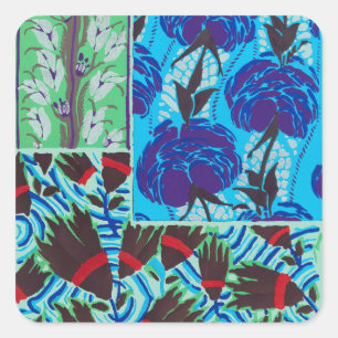 Pegatina Cuadrada Arte floral azul y verde maximalista vibrante
