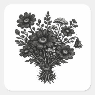 Pegatina Cuadrada Arte floral botánico linóleo de flores silvestres